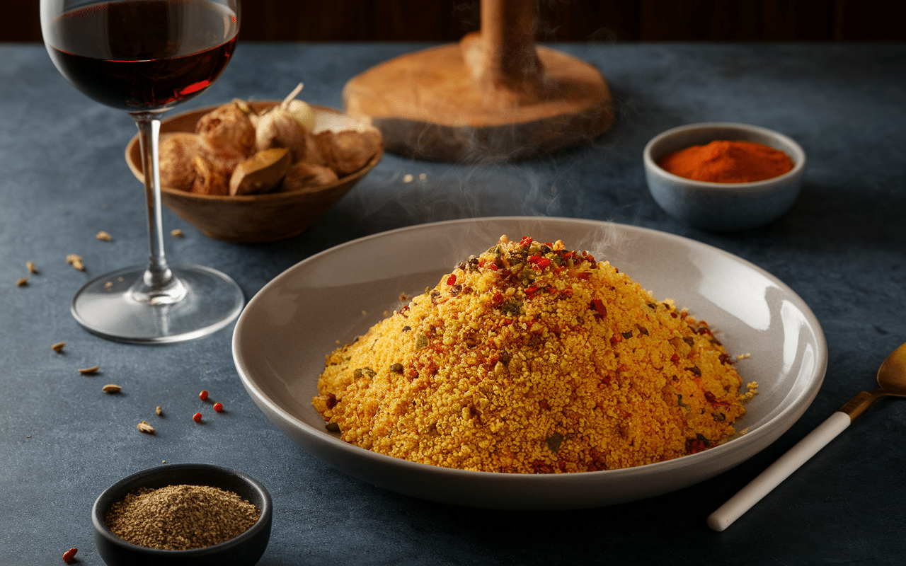 Assiette couscous et verre de vin pour couscous, épices orientales