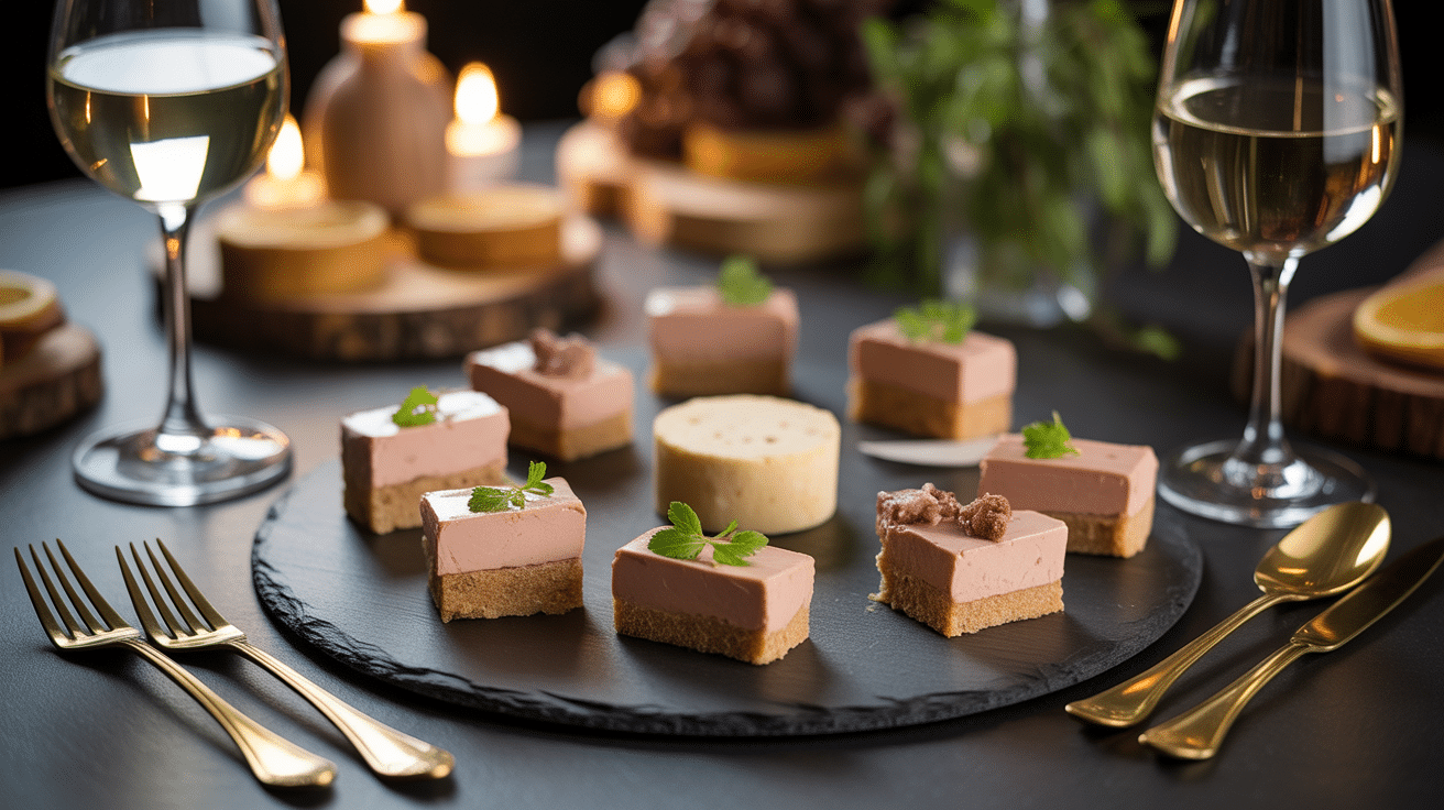 plateau de bouchées au foie gras pour apéritif avec vin blanc