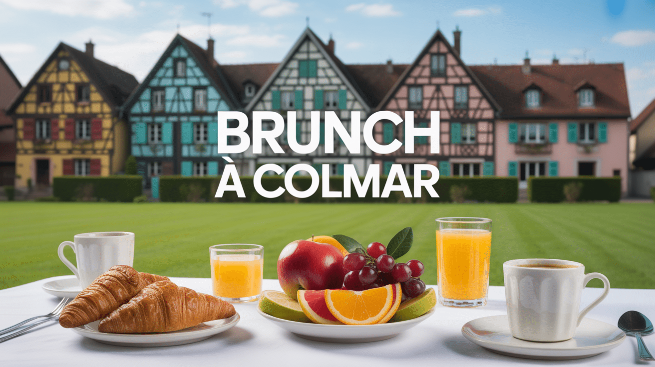 Brunch Colmar table avec croissants et maisons alsaciennes