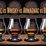 cognac vs whisky vs armagnac vs bourbon verres alignés ambiance cave