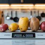 Différents poids pomme de terre sur balance cuisine