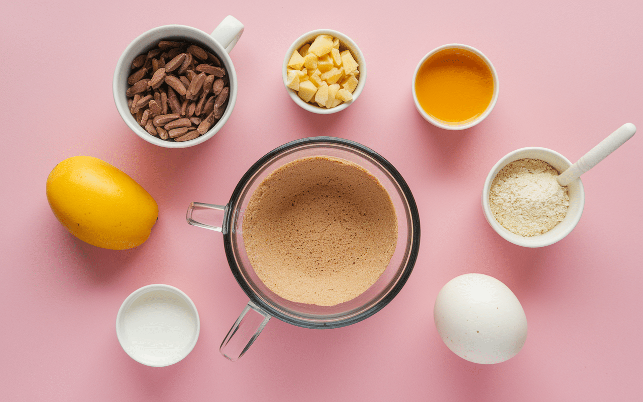 Préparation mug cake flocon d’avoine vue dessus avec ingrédients