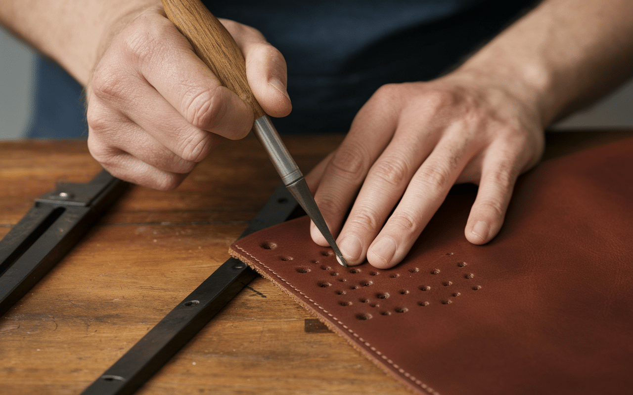 Artisan utilisant punch nadel sur cuir aligné