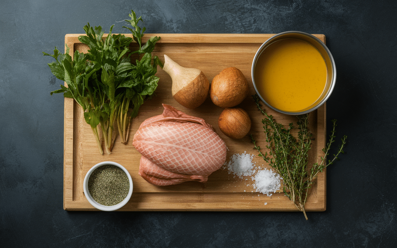 Ingrédients sur planche pour recette de gésiers de canard
