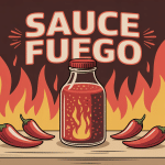 Bouteille de sauce fuego rouge et piments sur table