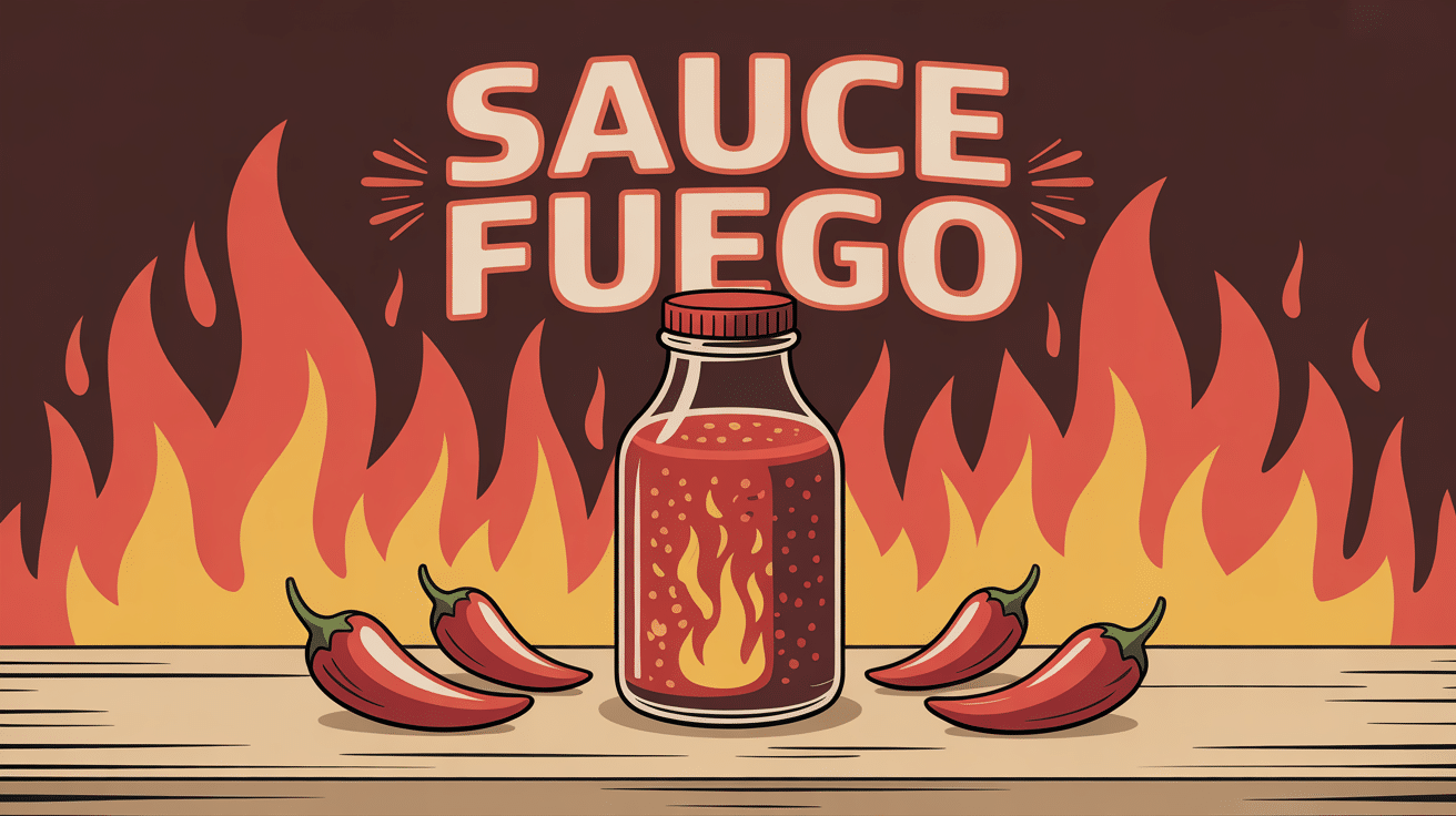 Bouteille de sauce fuego rouge et piments sur table