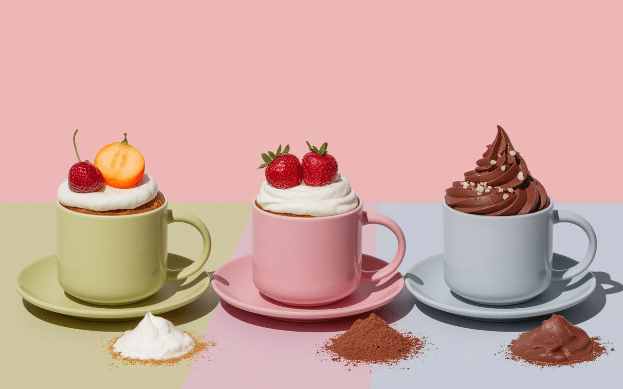 Trois versions mug cake flocon d’avoine avec toppings fruit et chocolat