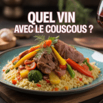 Couscous traditionnel avec verre de vin pour couscous, épices orientales