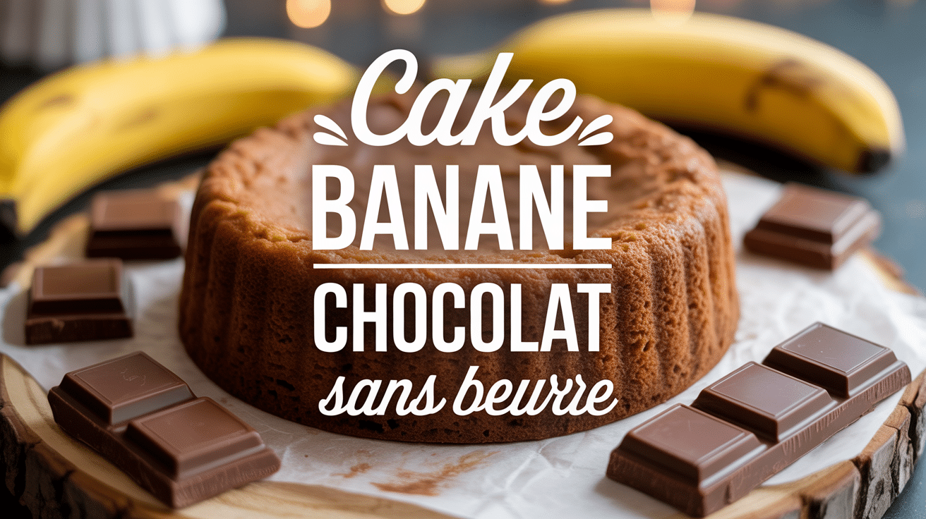 Cake banane chocolat sans beurre tranché sur planche en bois