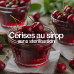 Bocaux de cerises au sirop sans stérilisation sur table en bois