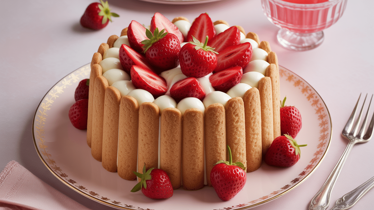 Charlotte aux fraises crème pâtissière élégante sur plat
