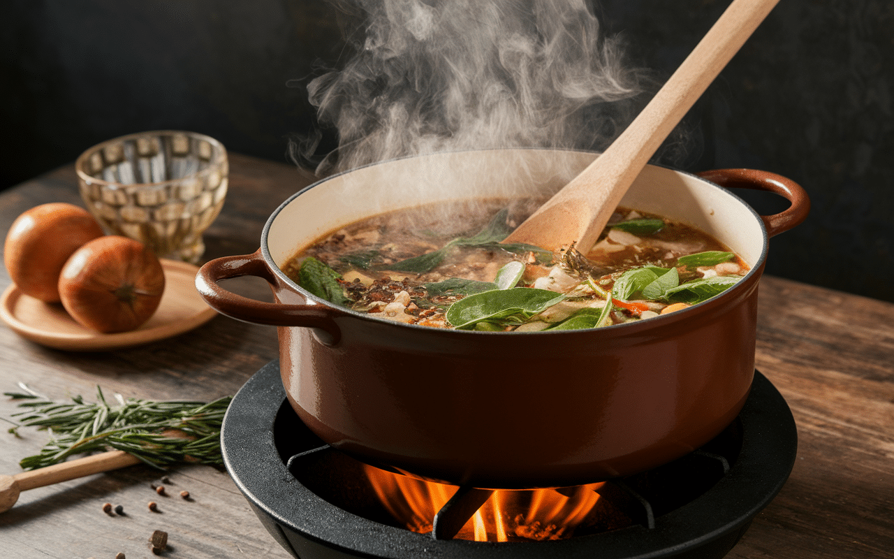 Bouillon couscous poisson avec légumes et épices dans marmite