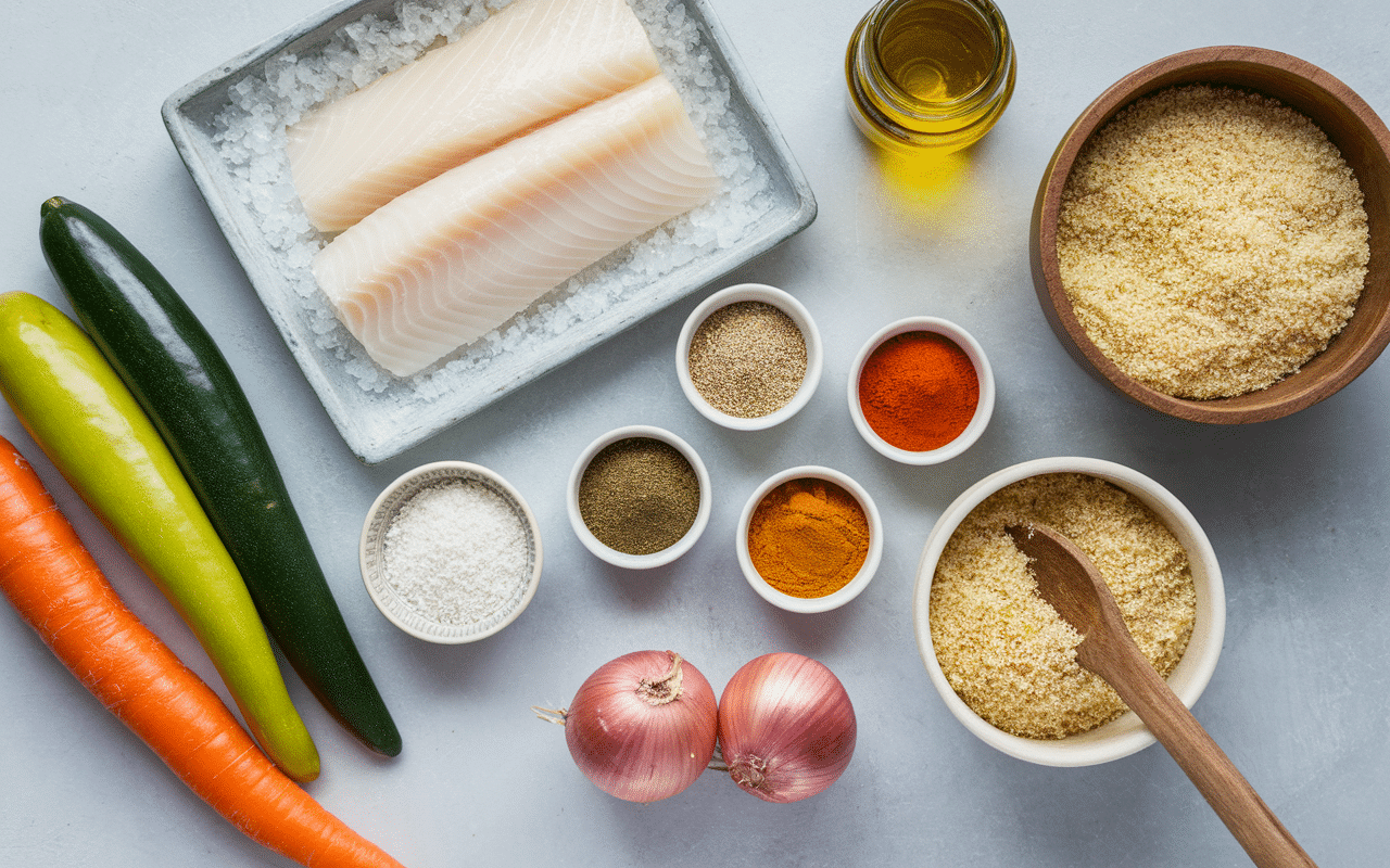 Ingrédients couscous poisson sur table : poisson, semoule, légumes, épices