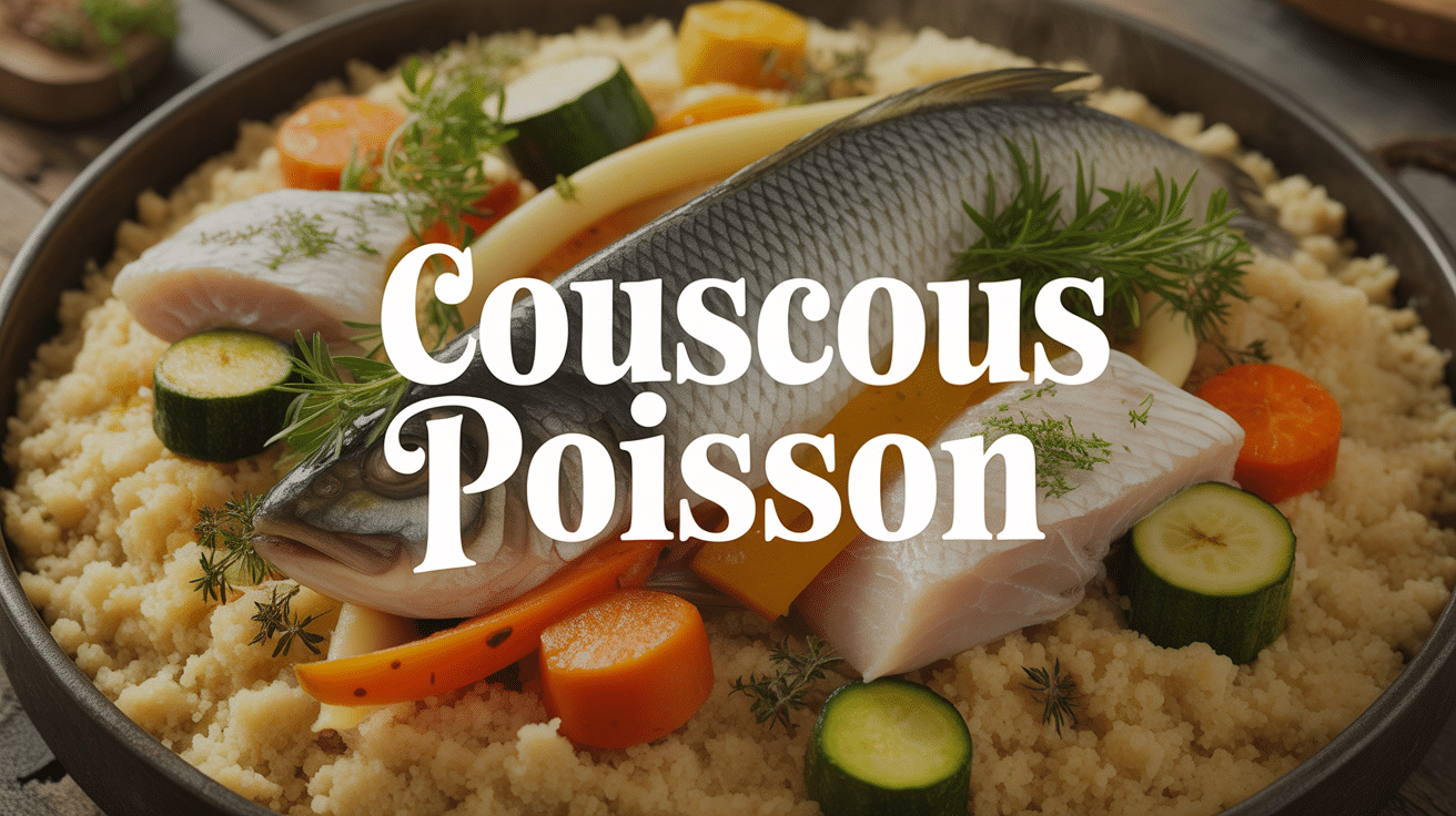 Couscous poisson avec semoule, légumes, poisson, bouillon dans plat en terre cuite