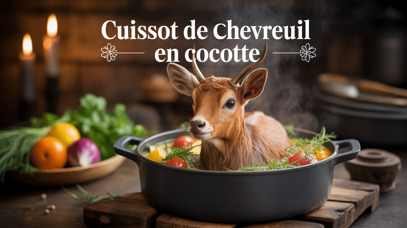 cuissot de chevreuil en cocotte avec légumes et herbes