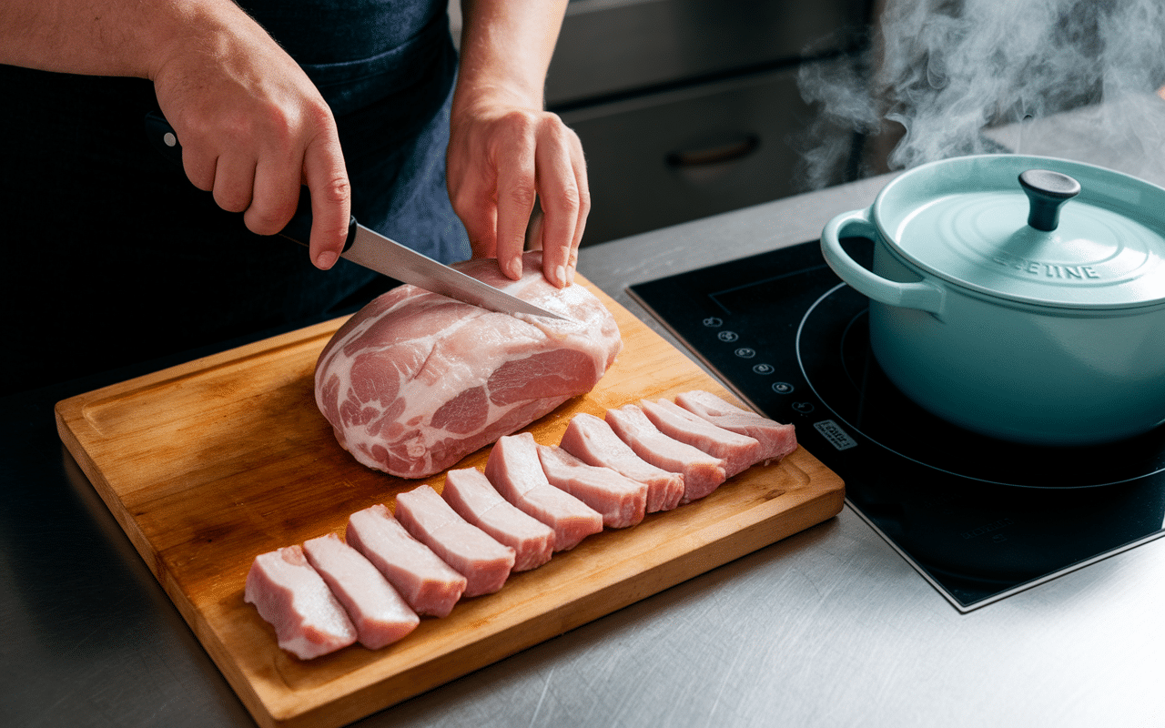 Préparation et découpe joue de porc, cuisson cocotte