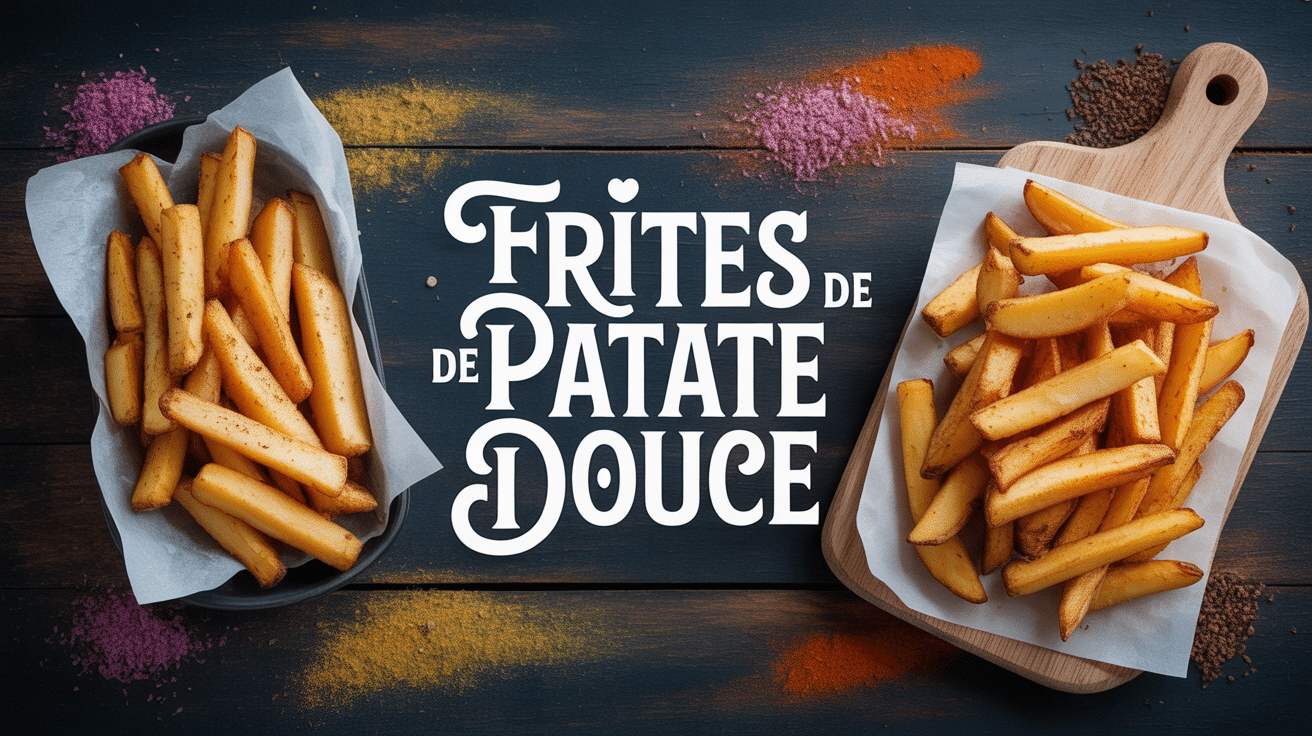 Frite de patate douce recettes sur assiette bois épices