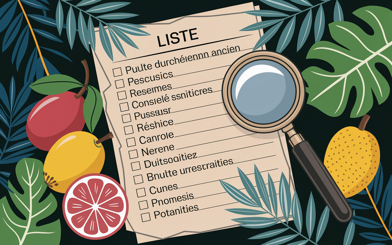 fruit en x liste sur parchemin entourée de fruits rares