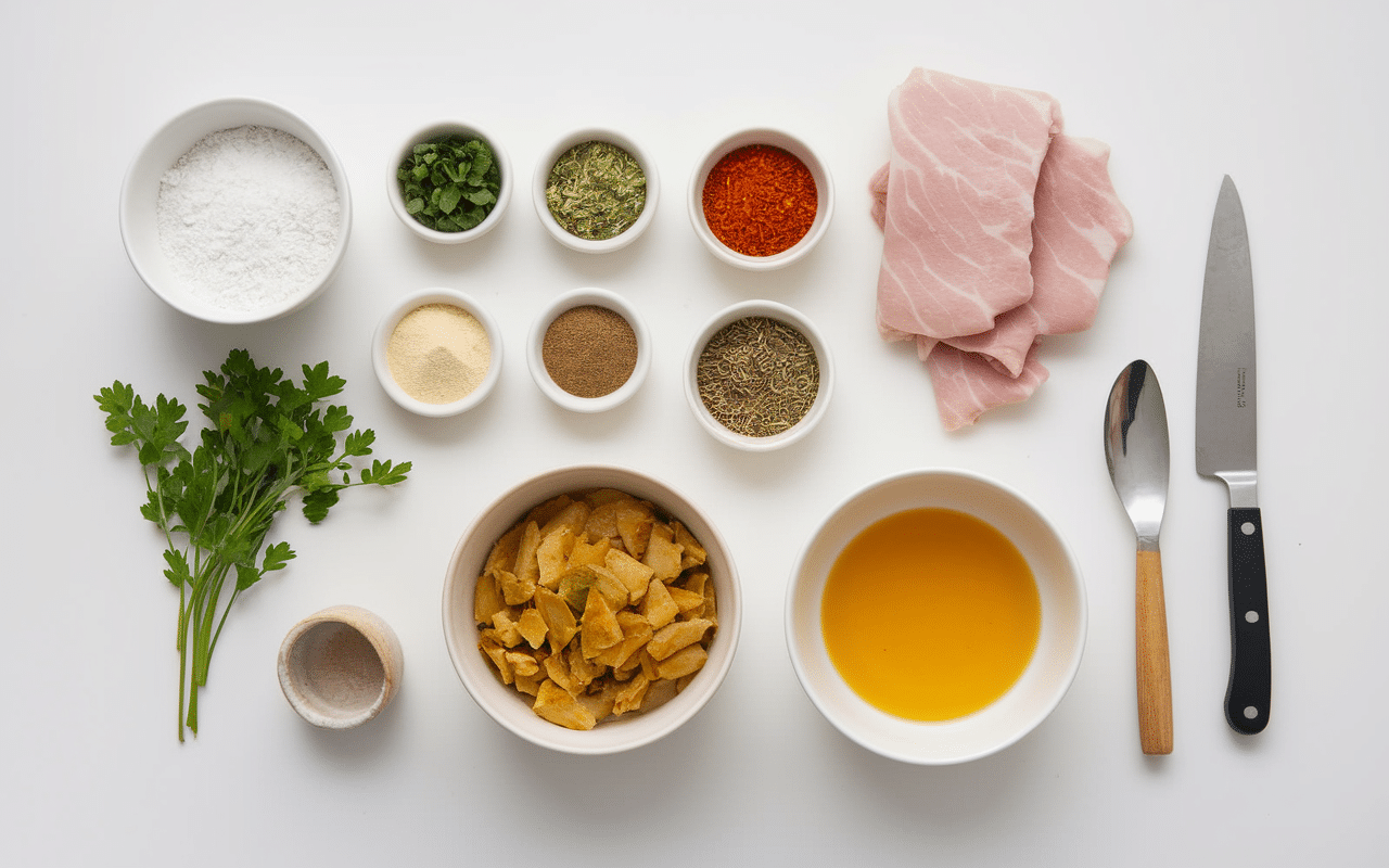 Ingrédients frais galantine de porc maison plan de travail