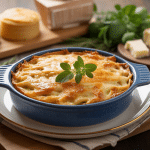 Gratins de pates au thon dorés et ingrédients sur table