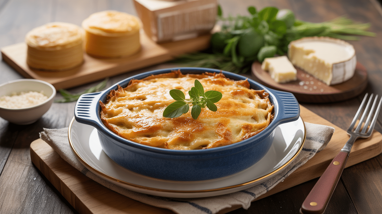 Gratins de pates au thon dorés et ingrédients sur table