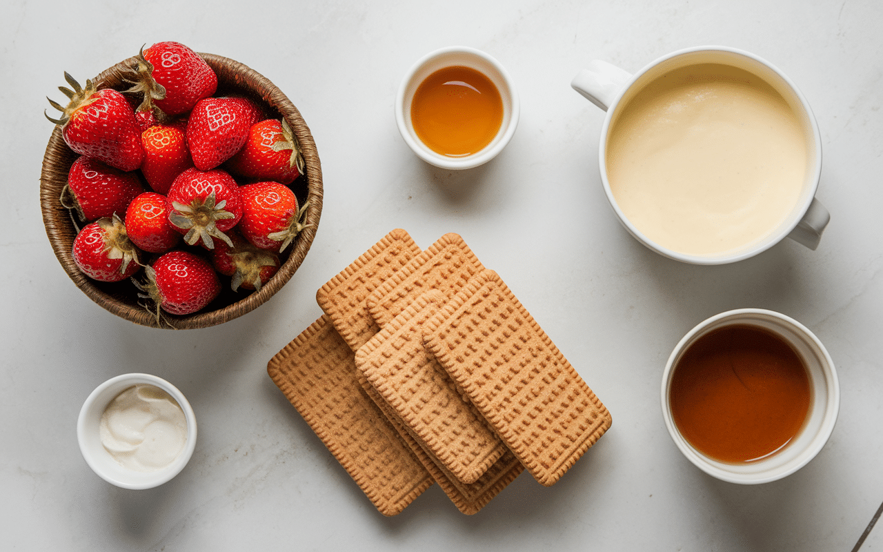 Ingrédients charlotte aux fraises crème pâtissière sur table