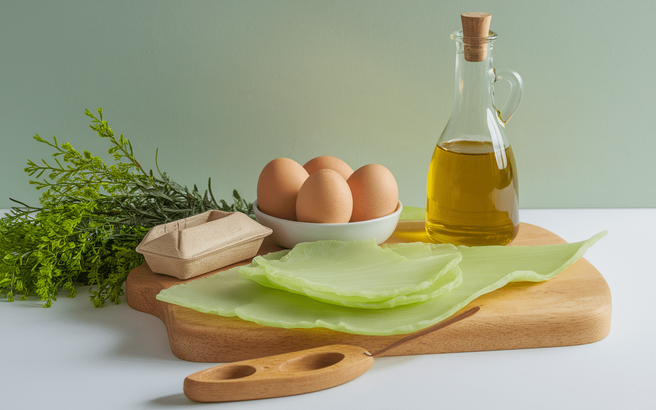 Ingrédients brick à l'oeuf tunisienne sur table bois