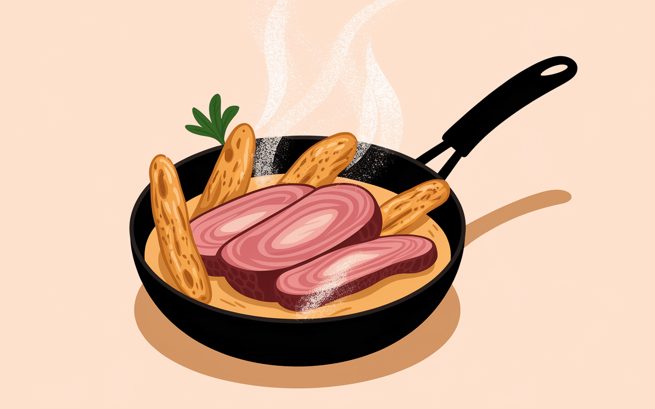 Jambon chaud sauce échalote et échalotes dans poêle