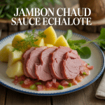 Assiette de jambon chaud sauce échalote avec pommes vapeur
