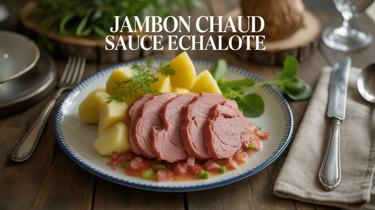 Assiette de jambon chaud sauce échalote avec pommes vapeur