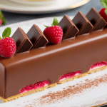 Marquise au chocolat avec biscuit, copeaux et framboises, présentation raffinée