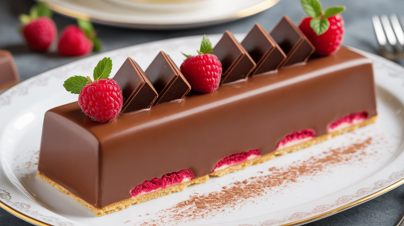 Marquise au chocolat avec biscuit, copeaux et framboises, présentation raffinée