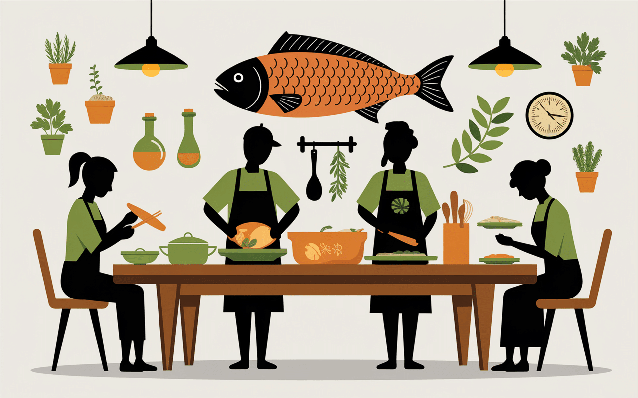 Famille prépare morue a Braga dans cuisine traditionnelle