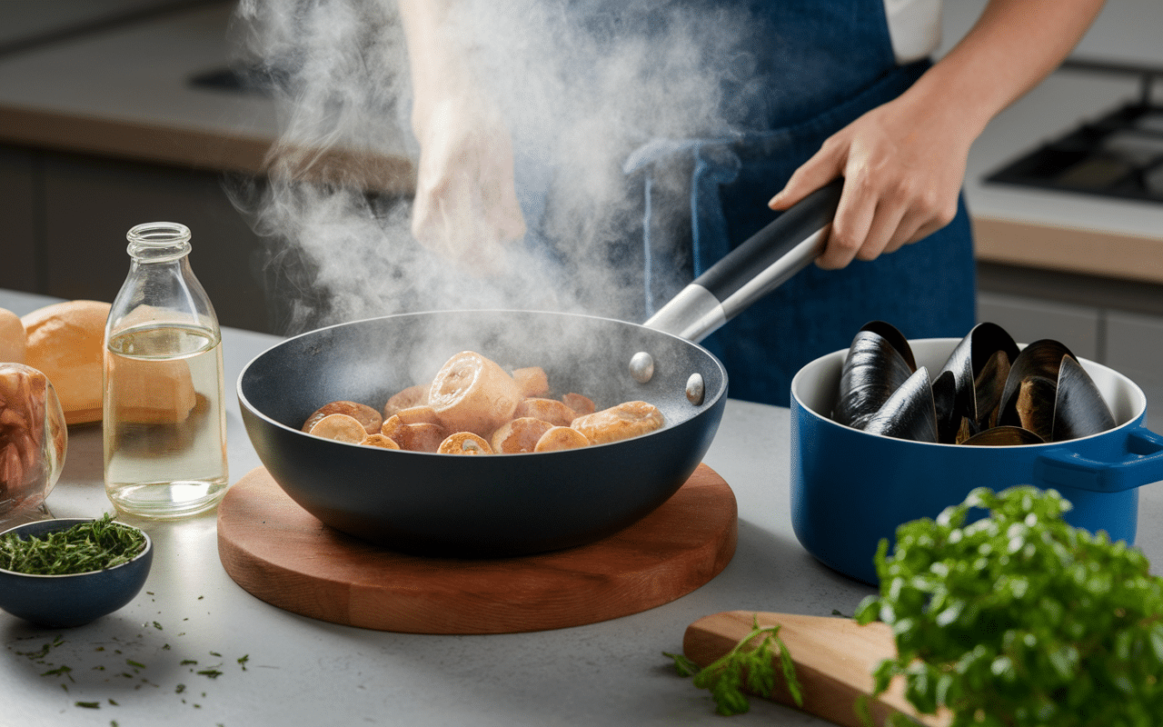 Pates aux fruits de mer poêle fruits de mer cuisson vapeur