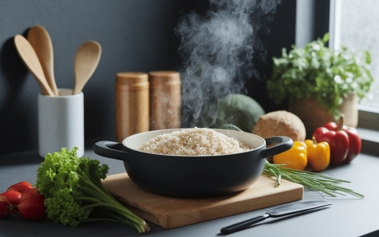 Préparation cuisine lait de coco et riz moderne