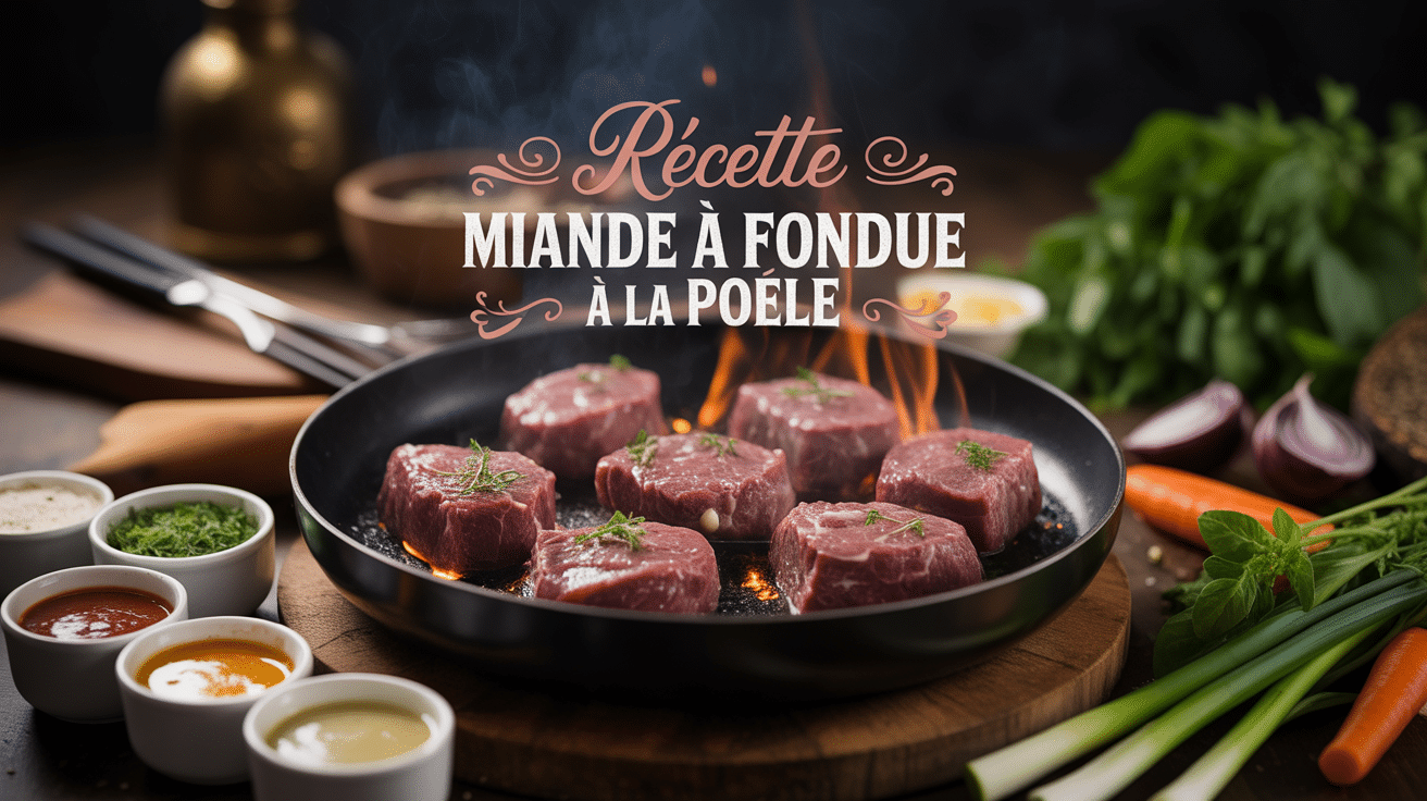 Poêle de viande à fondue à la poêle entourée d'ingrédients et sauces
