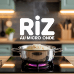 Bol de riz au micro onde fumant dans micro-ondes ouvert