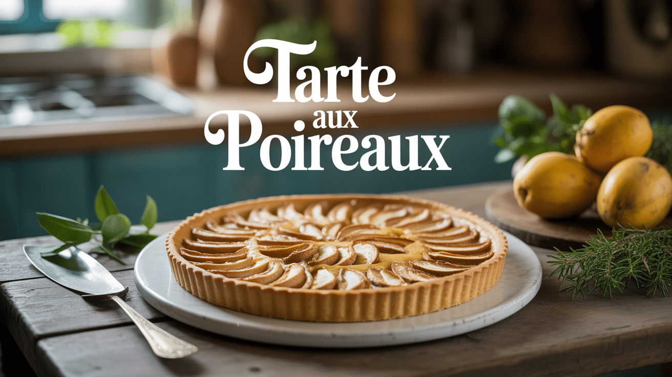 tarte poireaux dorée sur table rustique