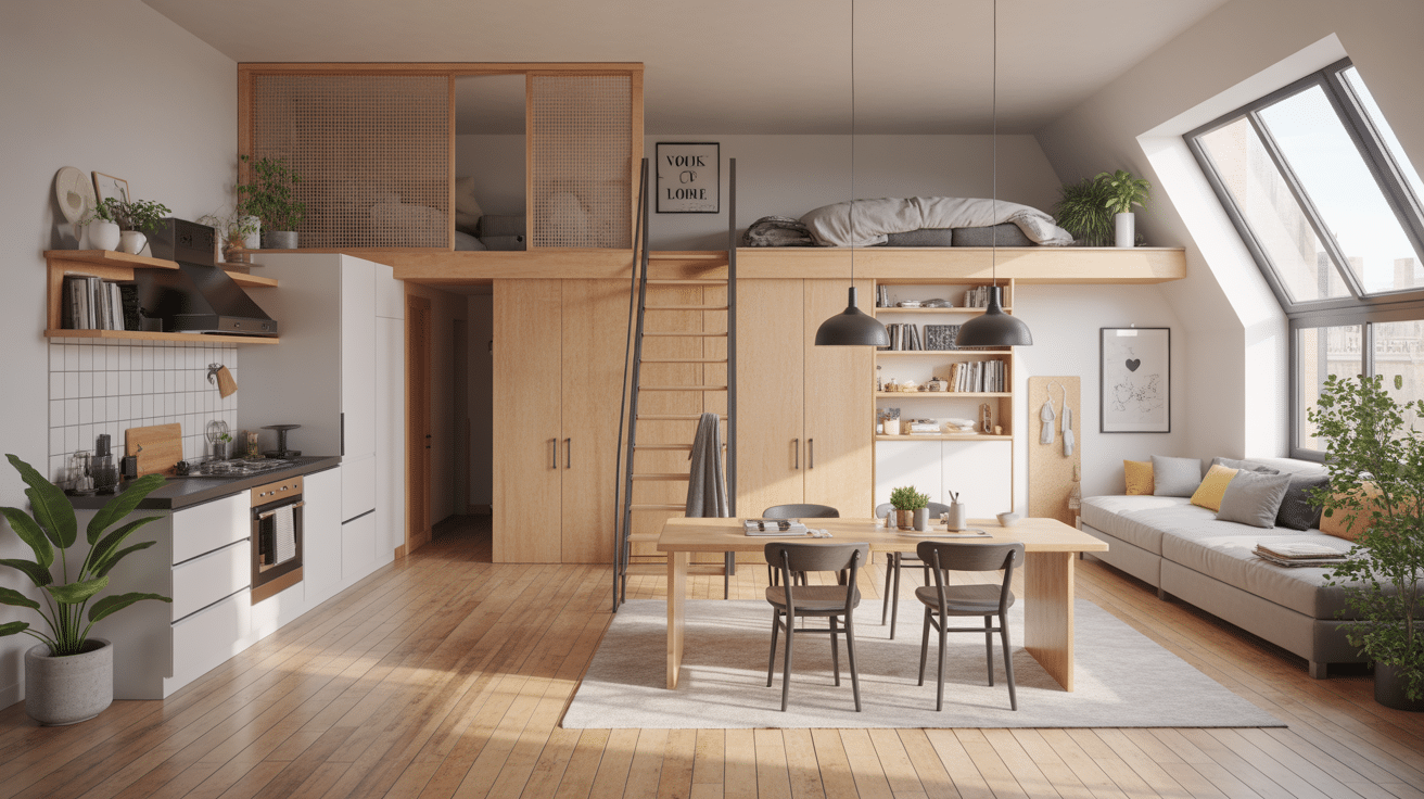 Illustration d’un petit loft optimisé avec mezzanine et verrière