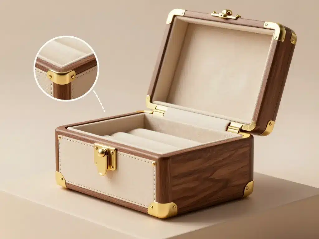 boîte à bijoux luxe gros plan cuir noyer laiton poli