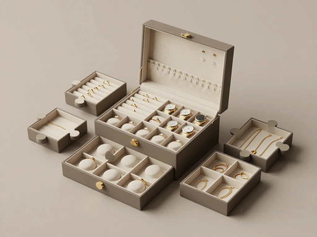 boîte à bijoux luxe plateaux amovibles crochets coussins montres