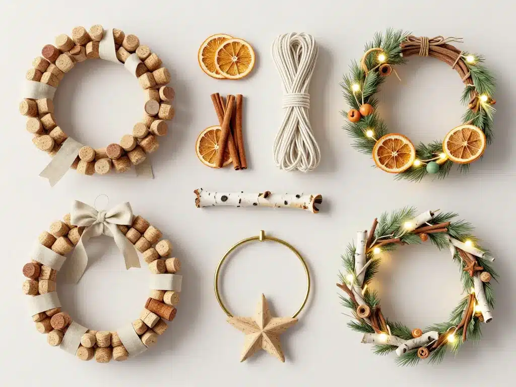 couronne de noel originale avec matériaux : liège, rubans, cannelle, oranges, bois, macramé, laiton, leds