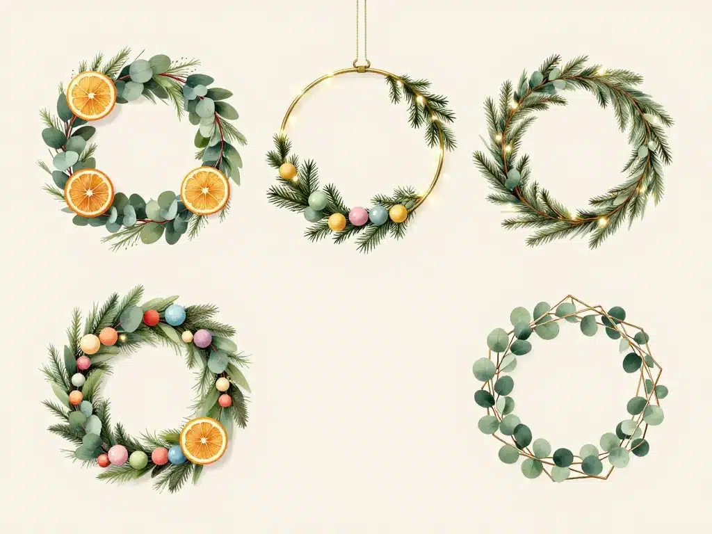 couronne de noel originale en 4 styles : naturelle, scandinave, colorée, géométrique