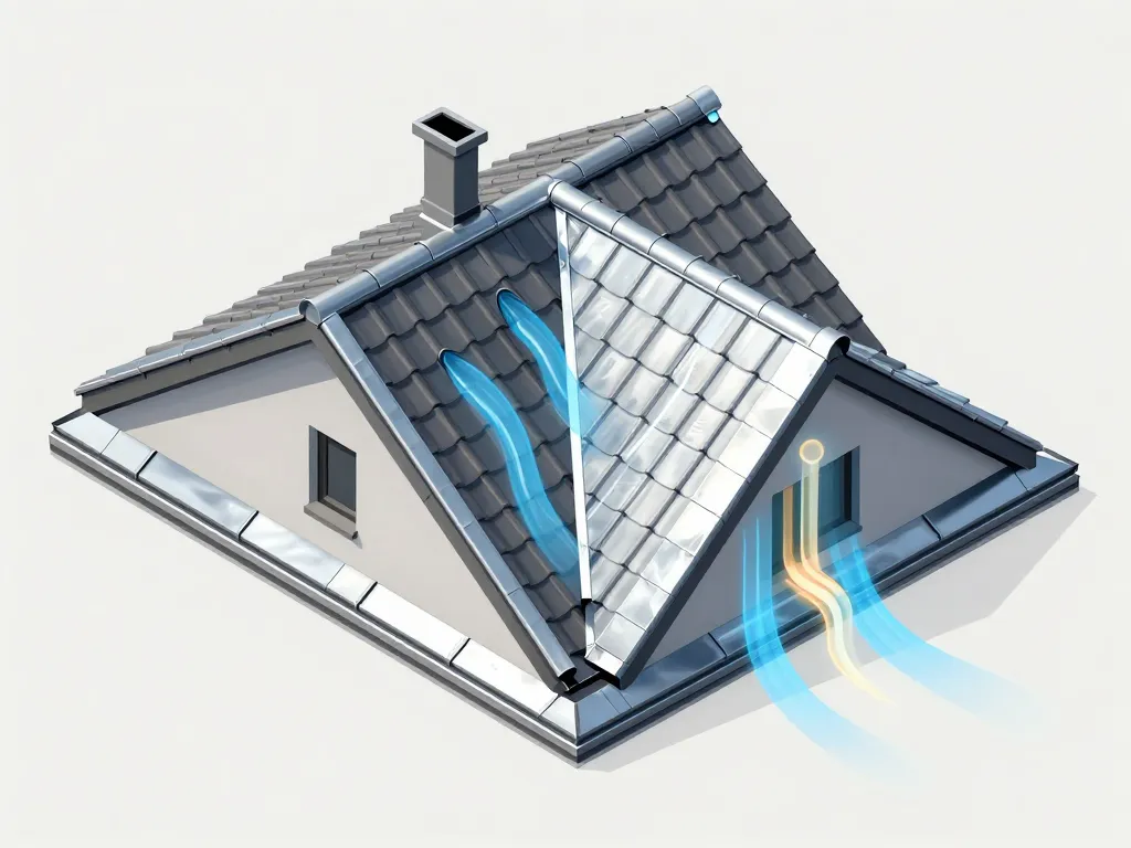 Schéma couverture zinguerie avec gouttières, noue et solins