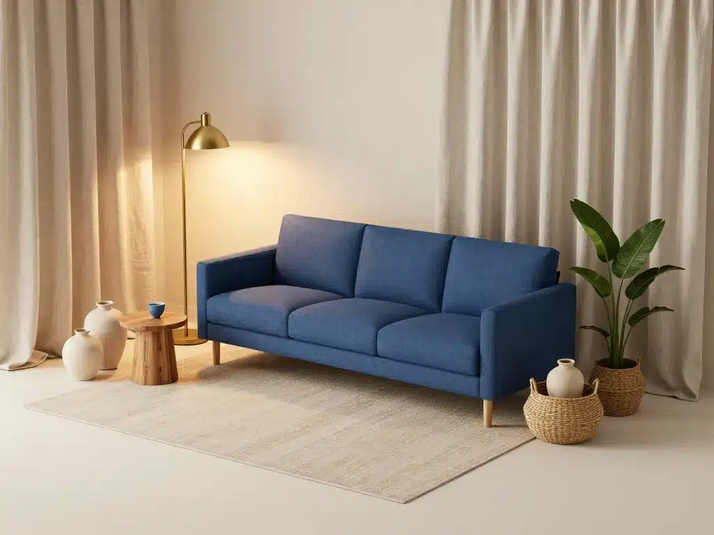 scene accessoires et lumiere chaude pour deco salon canape bleu