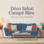 deco salon canape bleu avec murs clairs, tapis ecru, laiton et bois clair