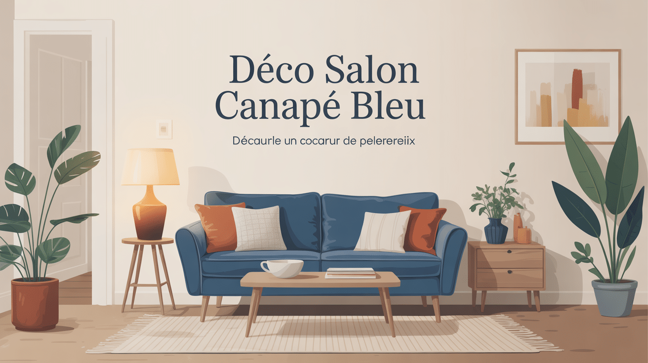 deco salon canape bleu avec murs clairs, tapis ecru, laiton et bois clair