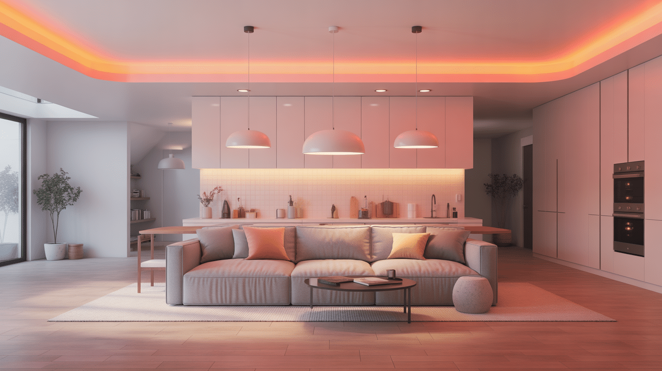 Illustration 3D d’eclairage pour plafond pour salon, cuisine et salle de bain