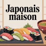Plateau japonais maison avec sushis, gyozas, ramen, donburi