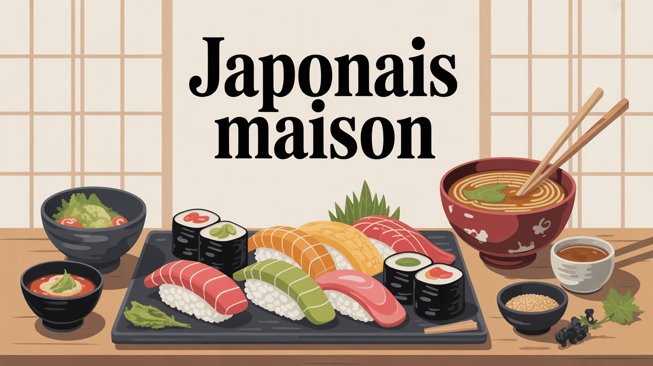 Plateau japonais maison avec sushis, gyozas, ramen, donburi